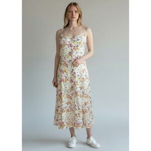 Vintage 90s Y2K Garden Floral Button Front Midi Dress M Cottage Romantic Fairy